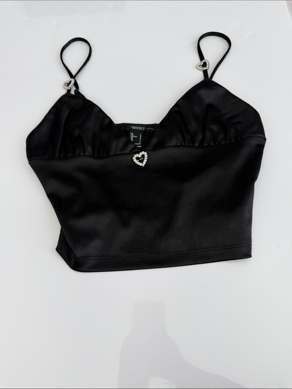 Forever 21 Black Satin Rhinestone Heart Crop Top